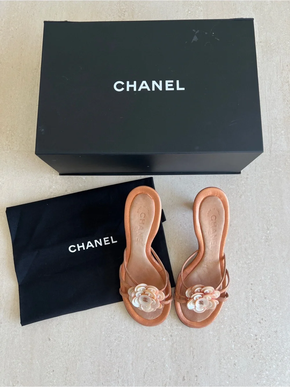 CHANEL Vintage Camellia Shell Sandals